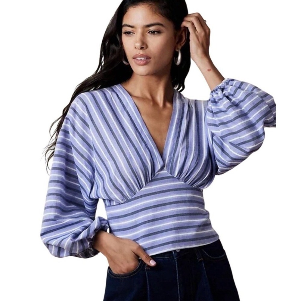 Banana Republic Striped Blouse Womens Small Blue Cropped Coastal Preppy Romantic